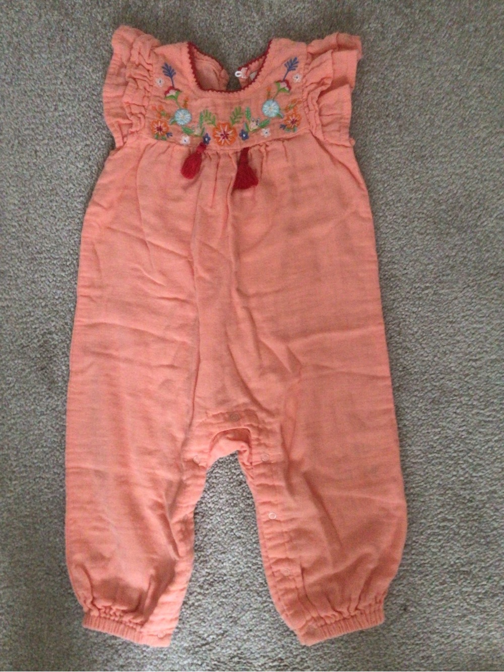 PEEK KIDS CORAL EMBROIDERED GAUZE JUMPSUIT/ROMPER- SZ 18-24 MOS